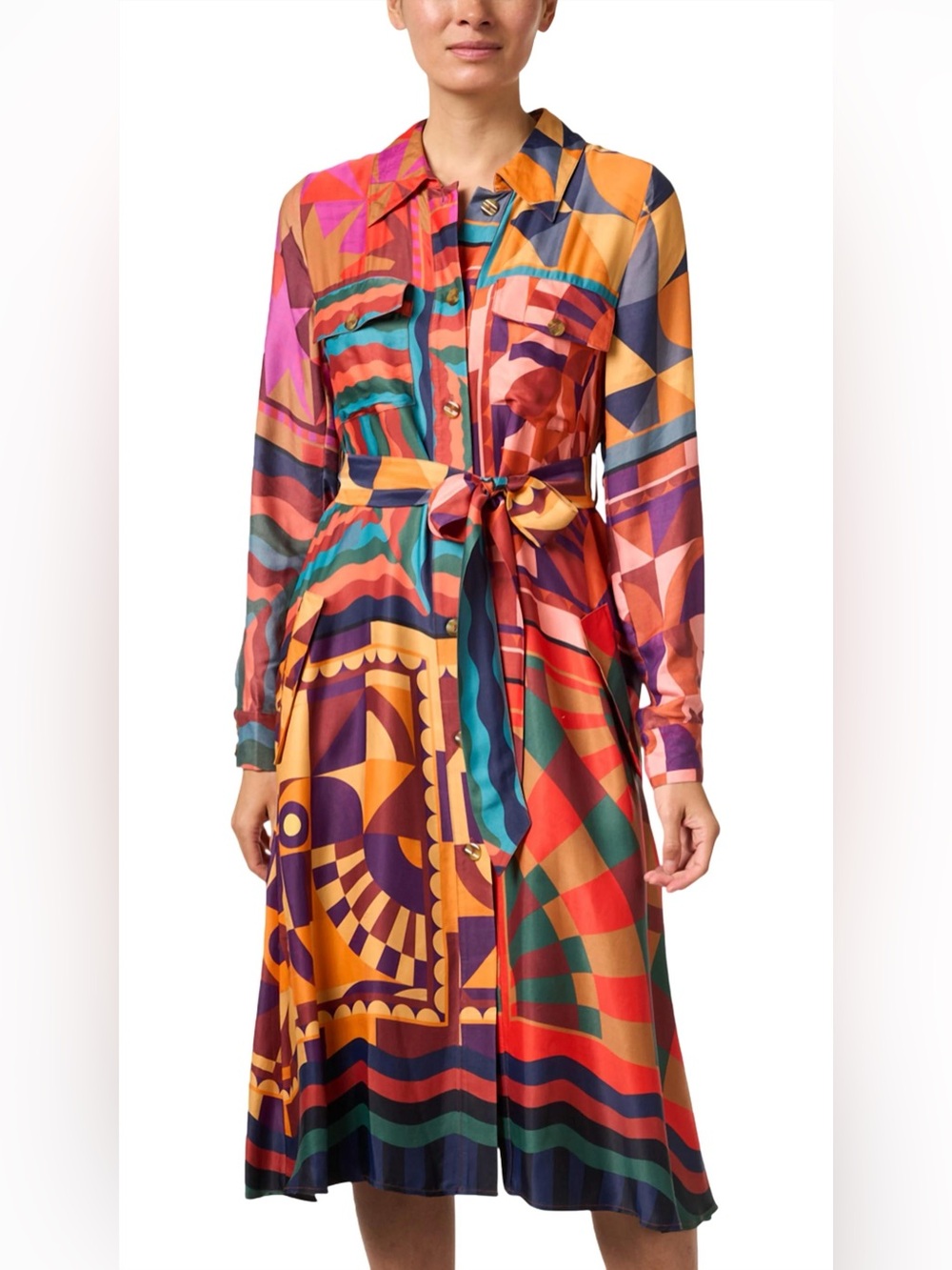 Farm Rio MEDIUM Graphic Scarves multicolor long sleeve pocketed shirt dress - Picture 2 of 12